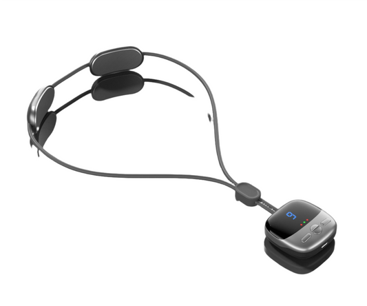 Fitlybuy gray hanging neck cervical massager with digital display, vibration pads, and wireless control on white.