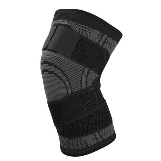 Fitlybuy black and grey compression knee sleeve with SupportFlex technology, featuring knit pattern and stabilizing straps.