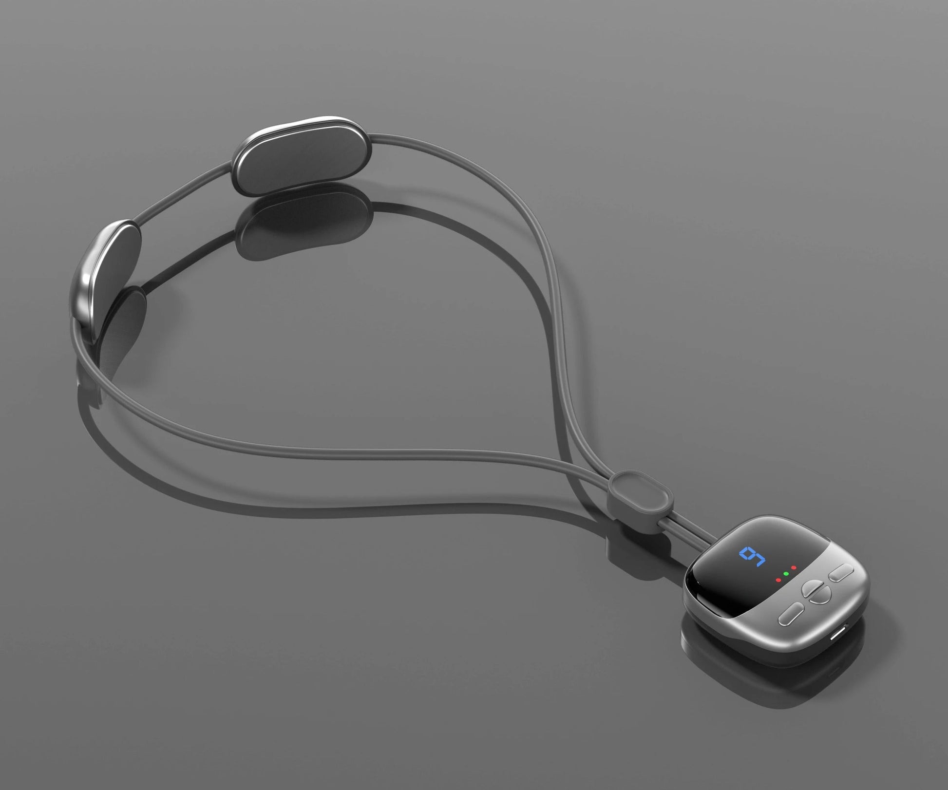 Fitlybuy grey hanging neck cervical massager with massage pads and a digital display control unit on a grey background.