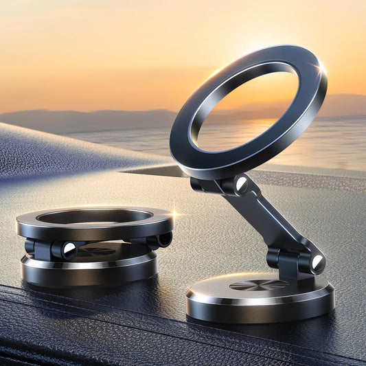 Two black, foldable Fitlybuy magnetic car phone holders on a dashboard against a sunset, showing 360-degree adjustability.