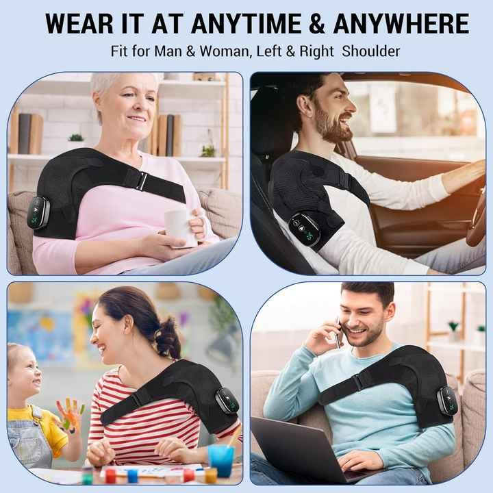 Fitlybuy black heating and vibration shoulder brace worn by various people at home, work, and while driving.