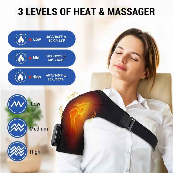 Woman wearing black Fitlybuy heated shoulder brace with vibration settings shown in infographic style.