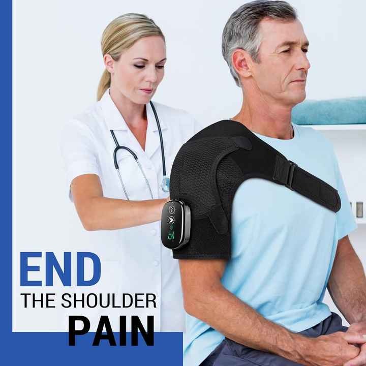 A doctor adjusts a black Fitlybuy heated shoulder brace with VibeTherapy on a male patient to relieve shoulder pain.