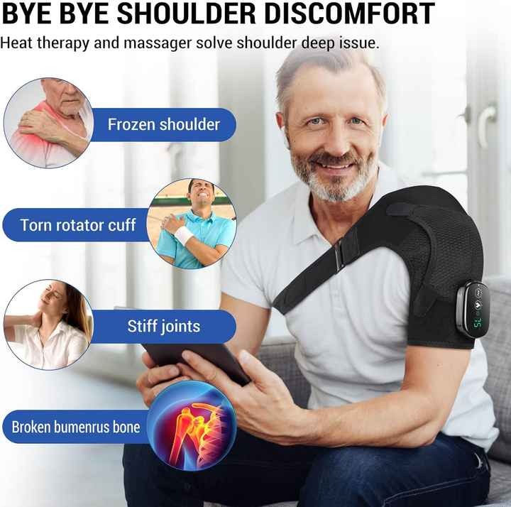 A man wears a black Fitlybuy heating shoulder brace with vibration technology to relieve joint and muscle pain.