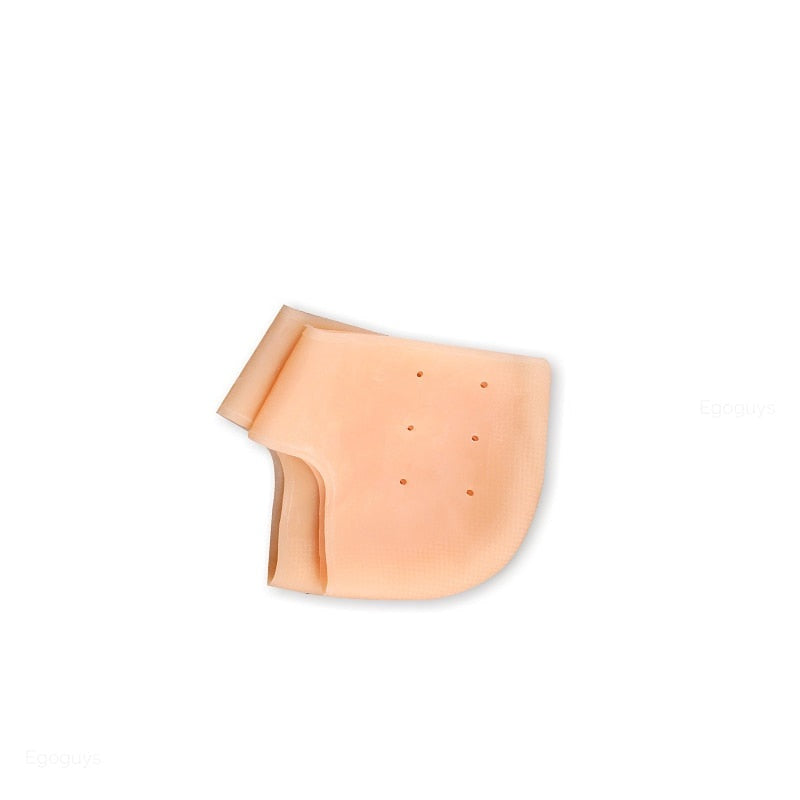 Fitlybuy pair of beige silicone heel protector pads with breathable air holes for comfort cushioning on white background.