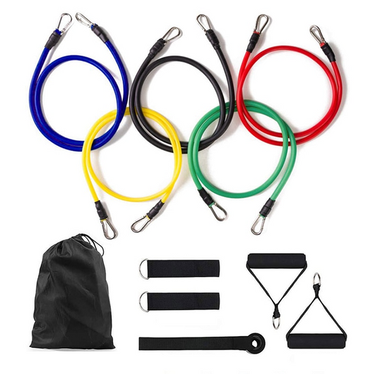 Fitlybuy 11-piece resistance band set: colored elastic tubes, comfort handles, ankle straps, door anchor, and carry bag.
