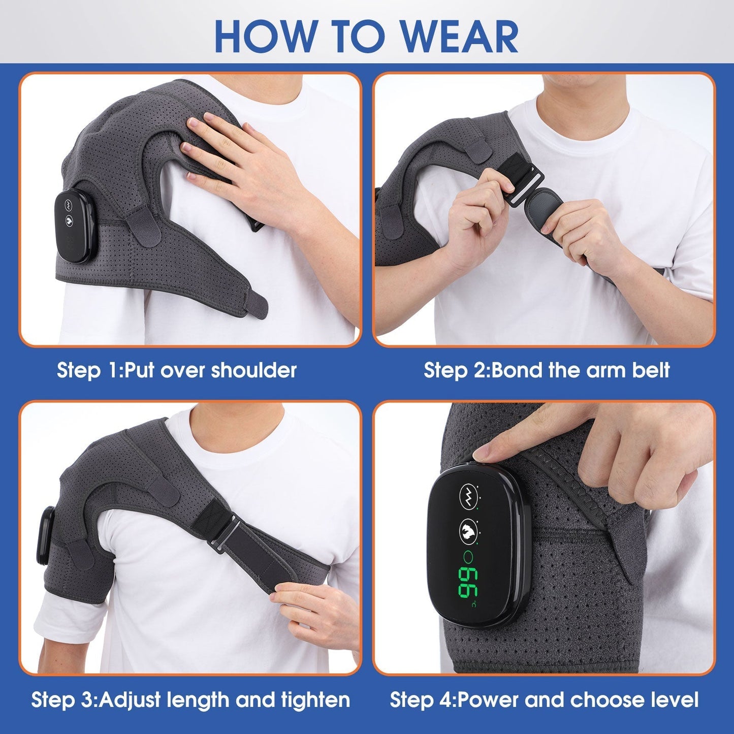Fitlybuy gray shoulder brace with vibration technology, shown in a 4-step guide on how to wear and adjust it.