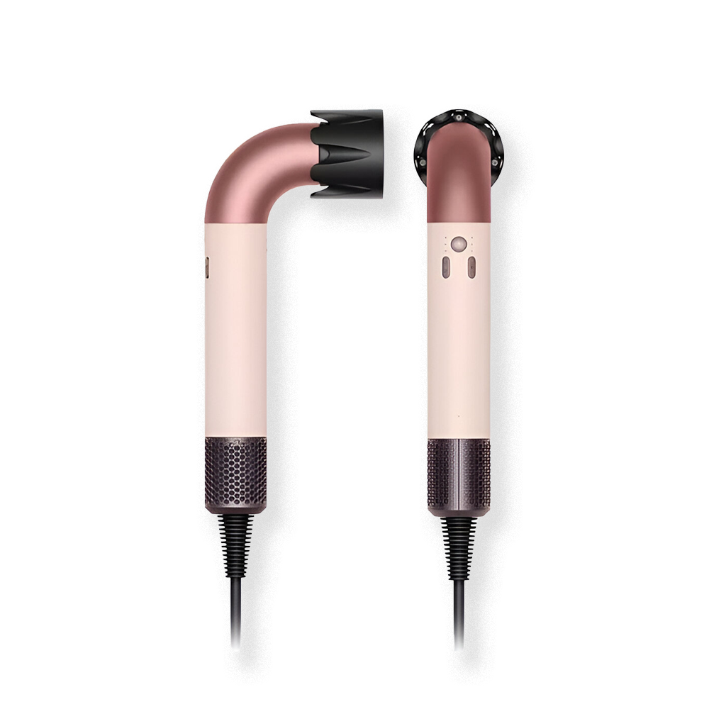 Fitlybuy HairSonic rose gold and cream hair dryer, shown from side and front, featuring a sleek, lightweight design.