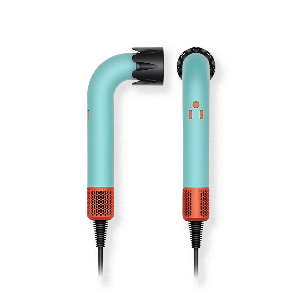 Fitlybuy HairSonic L-shaped hair dryer in light blue and orange with black nozzle, shown from side and front angles.