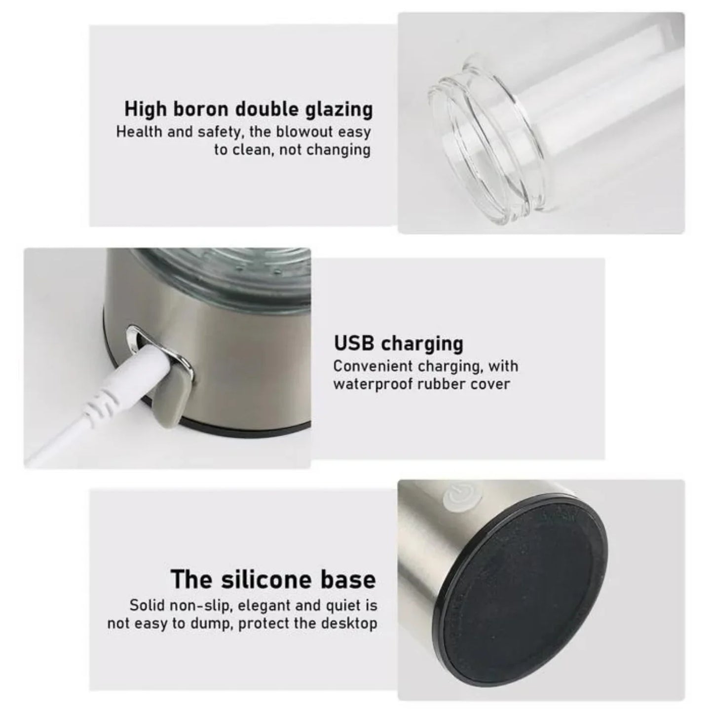 Fitlybuy hydrogen water bottle: double-glass, metallic base, USB charging port, and non-slip silicone base.