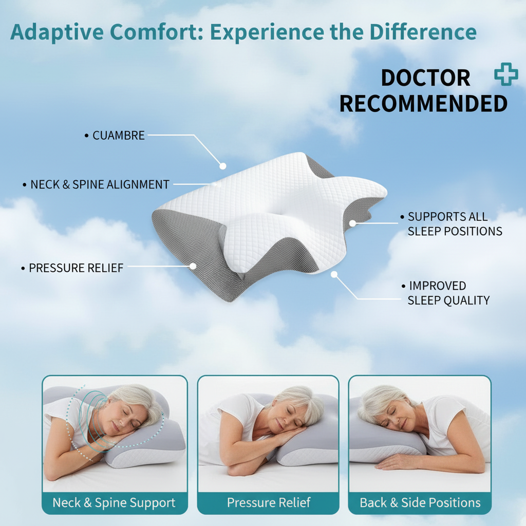 Fitlybuy butterfly neck pillow with ergonomic support, white/grey memory foam, showing sleep positions and benefits.