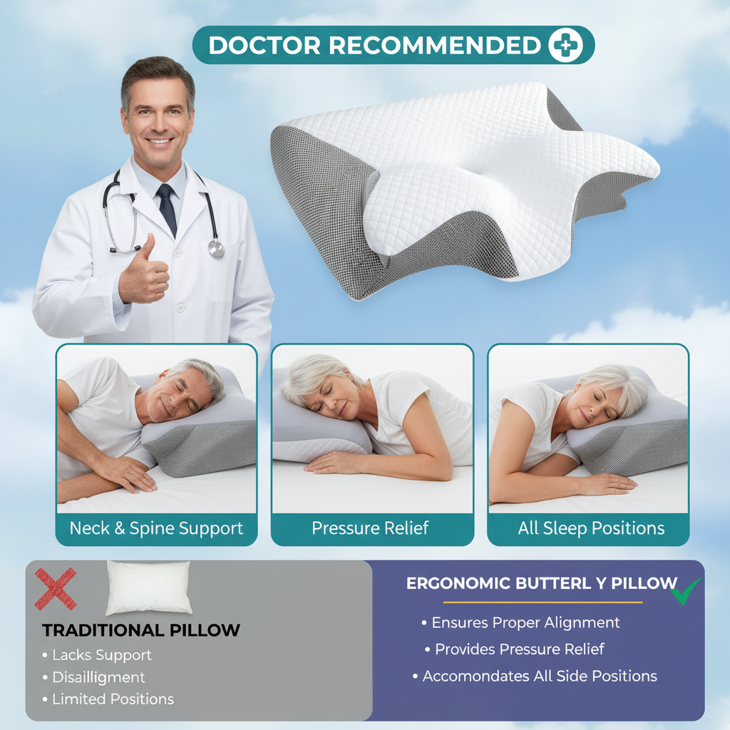Fitlybuy white and grey ergonomic butterfly neck pillow shown with a doctor and users demonstrating sleep benefits.
