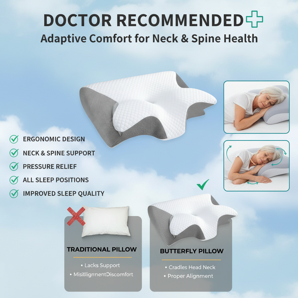 Fitlybuy white and grey ergonomic butterfly neck pillow comparison chart showing neck support and sleep benefits.