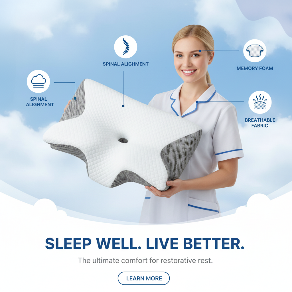 A nurse holds a white and gray ergonomic butterfly memory foam pillow with features highlighted for spinal alignment.