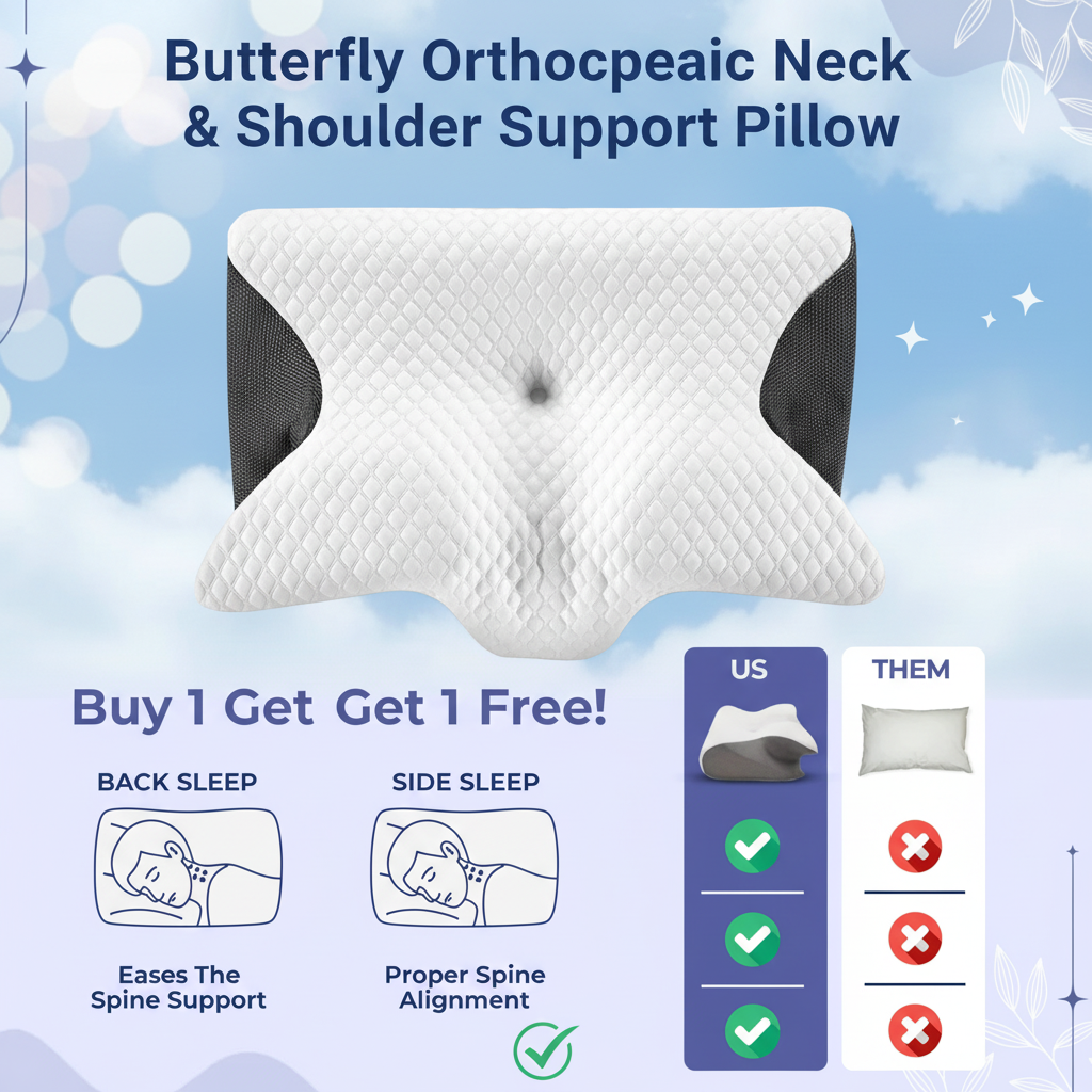 White butterfly-shaped ergonomic neck pillow with black sides, showing benefits for back and side sleeping. BOGO deal.