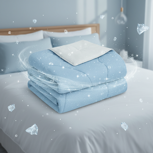 Folded light blue and white ChillTech cooling blanket on a bed, surrounded by floating ice and cooling vapor effects.