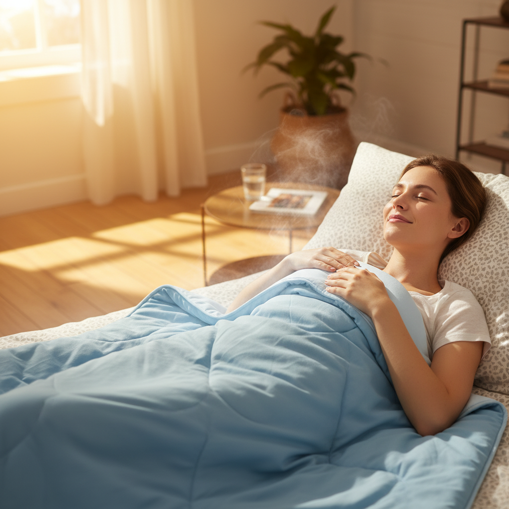 Woman resting under a light blue Fitlybuy Aussie Cool Ice cooling blanket with steam, signifying ChillTech fabric.