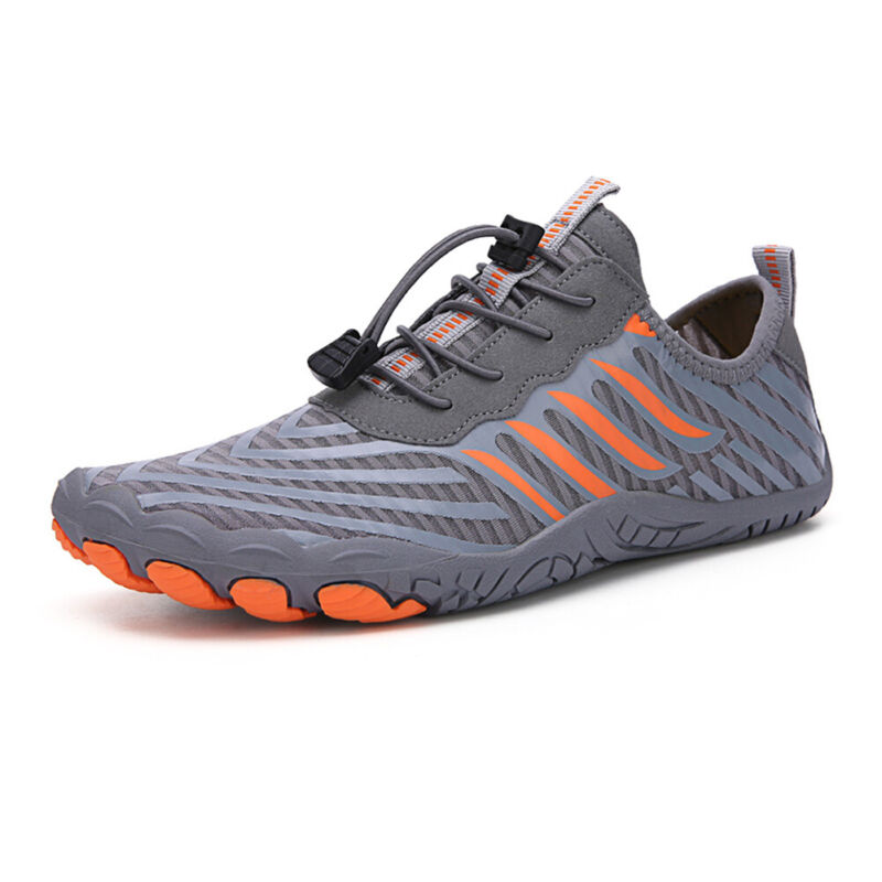 Fitlybuy grey and orange non-slip barefoot shoe with quick-lace toggle and flexible grip sole on white background.