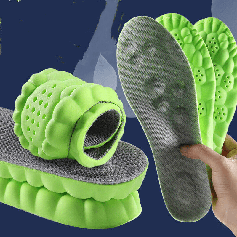 Fitlybuy AirCloud lime green insoles with grey textured tops and ComfortWave cushioning displayed on a dark background.