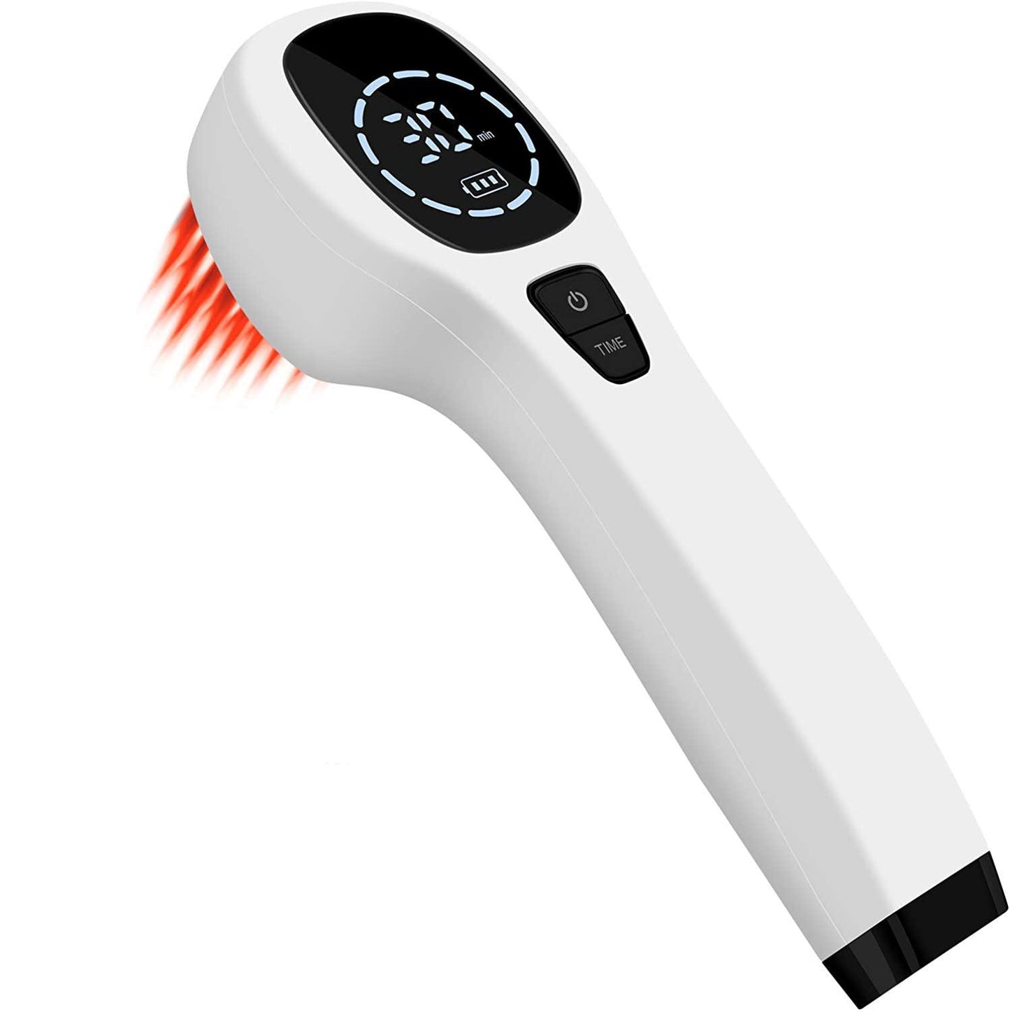 White handheld Fitlybuy cold laser therapy device with digital display, time controls, and red LED light emission.