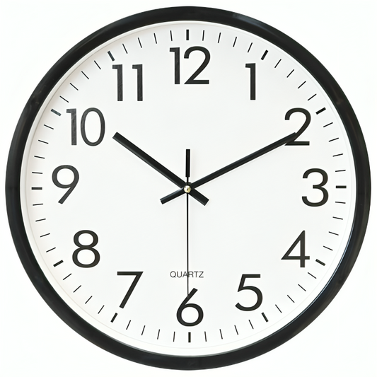 Fitlybuy 34cm round atomic wall clock with a black frame, white face, and large black numbers for easy reading.