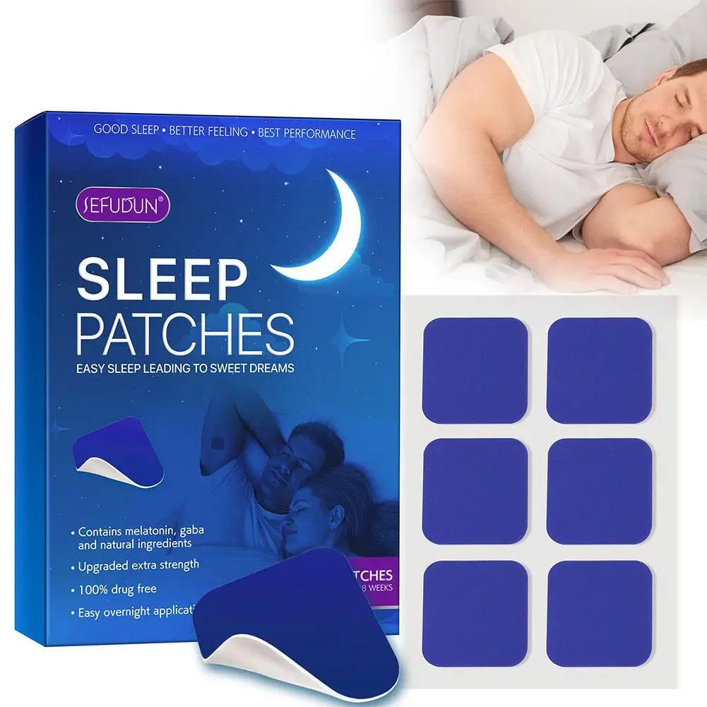 Fitlybuy Dream Easy Sleep Patches box and six blue square patches, featuring RelaxMax herbal infusion for sleep support.