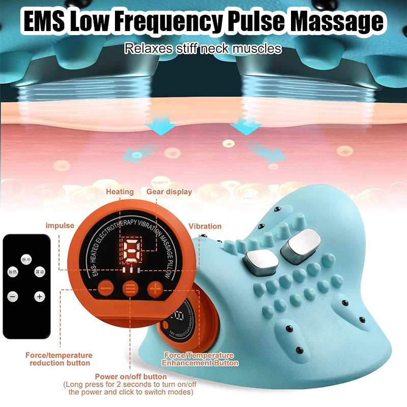 Fitlybuy electric blue neck stretcher with orange digital control panel, EMS pulse, heating, and vibration features.