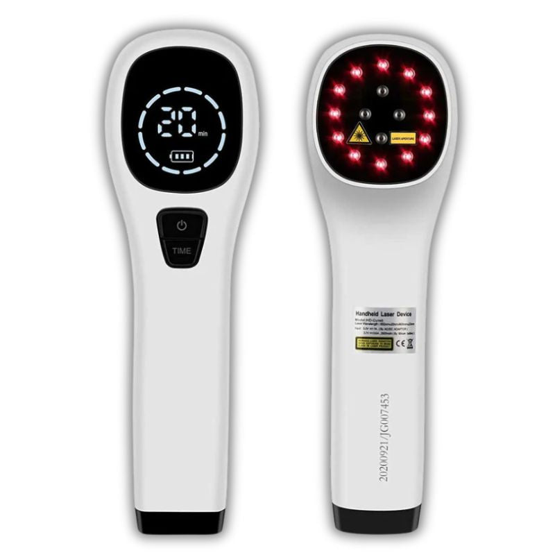 Fitlybuy handheld cold laser therapy device in white with digital display, power button, and red light diodes for pain.