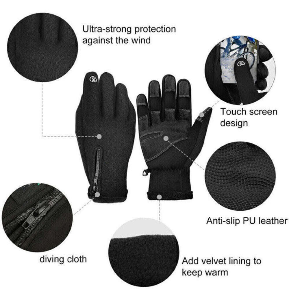 Black Fitlybuy heated adventure gloves with touchscreen tips, anti-slip palms, zipper detail, and warm velvet lining.
