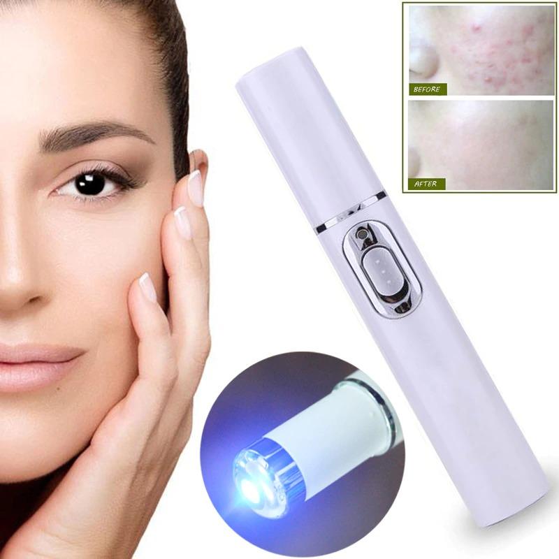 Fitlybuy white laser pen for skin renewal, featuring a blue light tip, button control, and before-and-after skin results.
