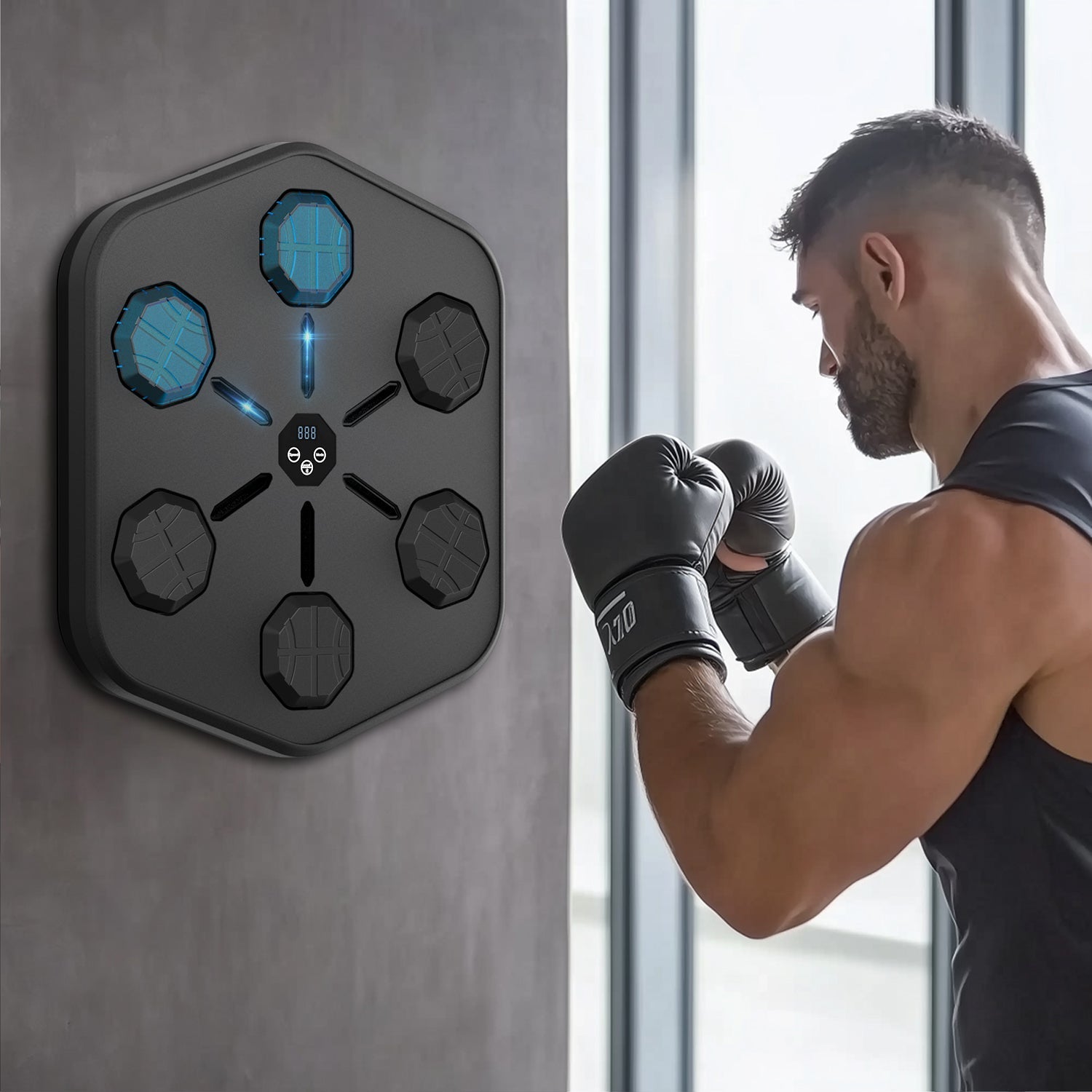 Fitlybuy Groovy Punch wall-mounted hexagonal fitness machine with blue LED targets being used by a man in boxing gloves.