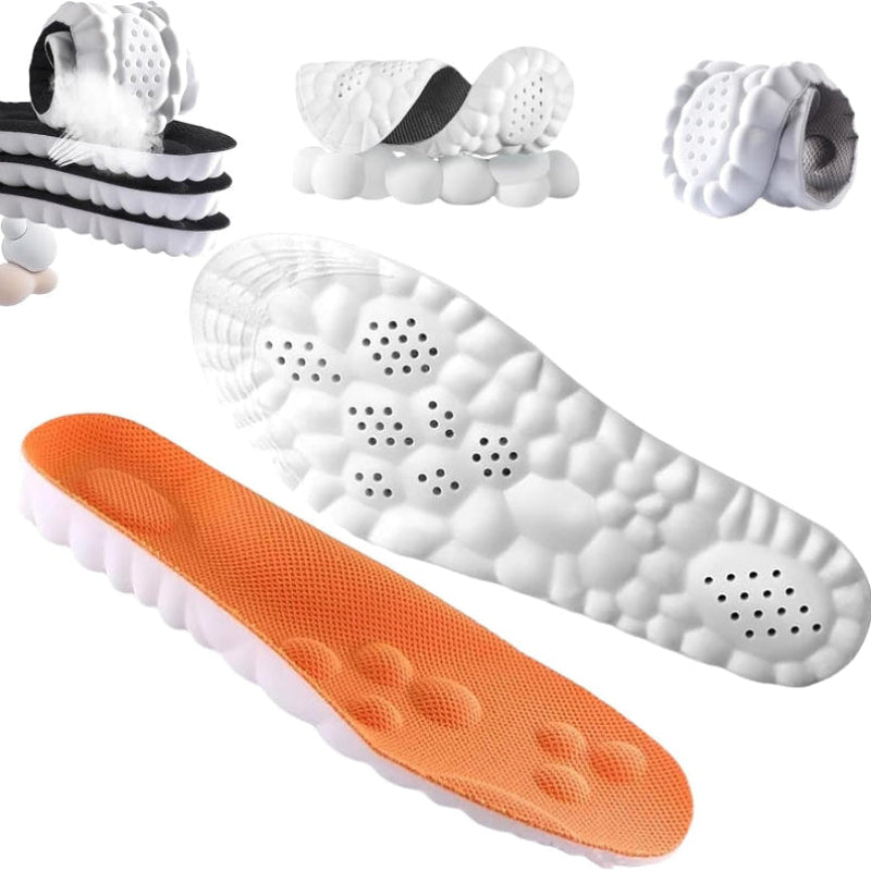 Fitlybuy AirCloud Relief Insoles with white cushioned, perforated bottoms and orange textured fabric tops.