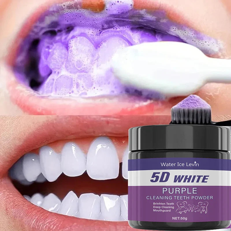 Fitlybuy 5D Purple Teeth Whitening Powder: a jar with a brush and images of purple foaming and white teeth.