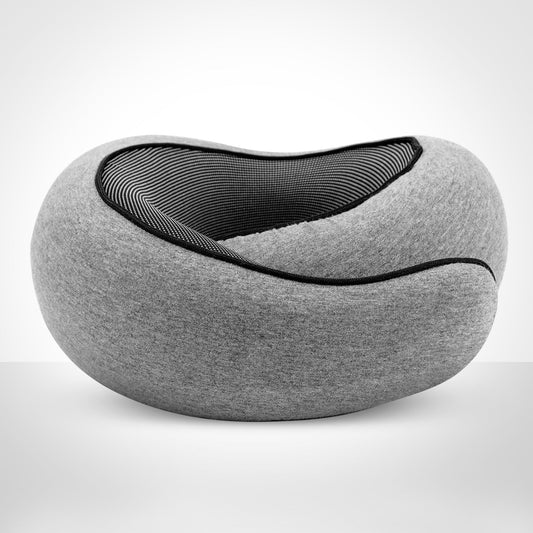 Fitlybuy butterfly travel neck pillow in grey jersey fabric with black mesh interior and ergonomic, contoured design.