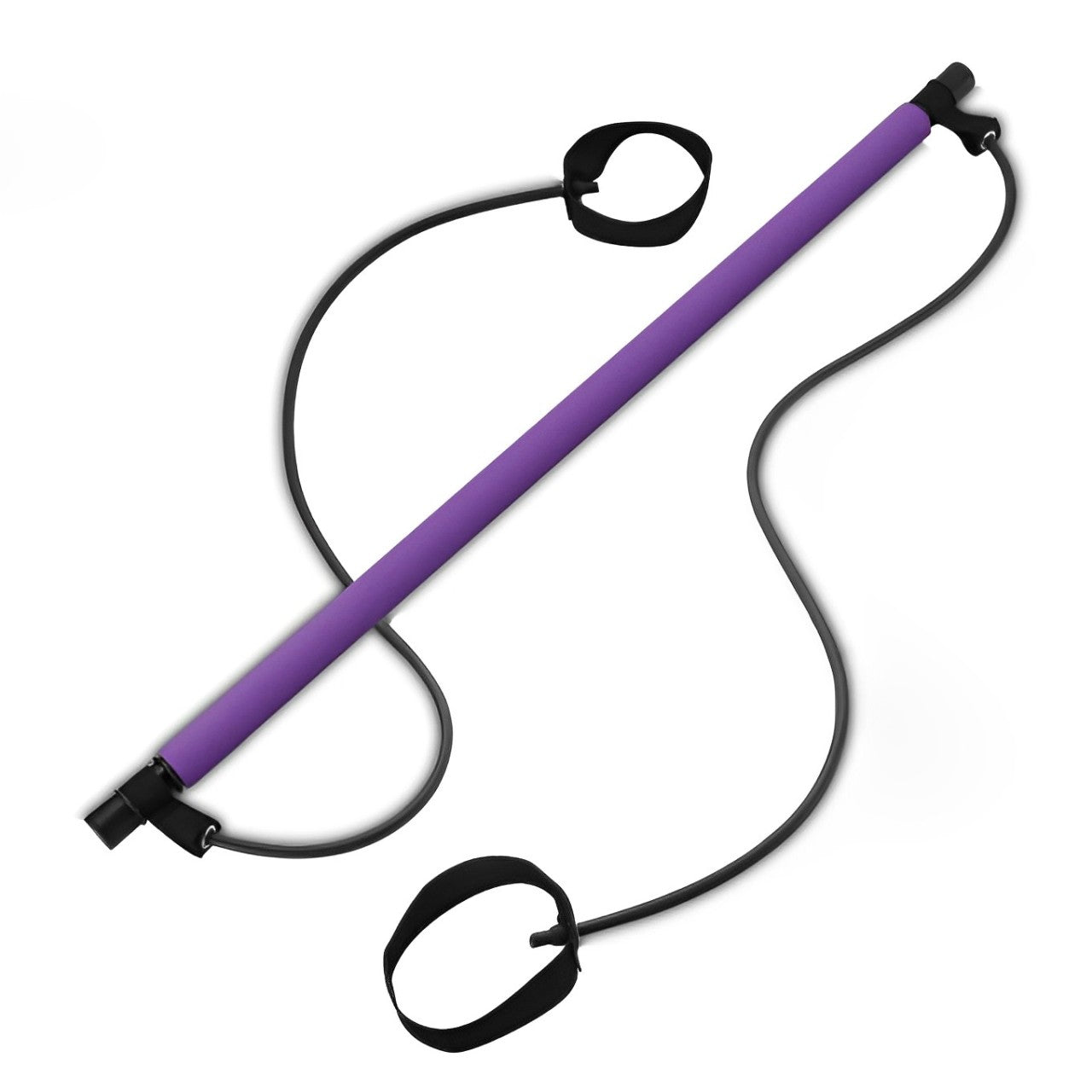 Purple Fitlybuy Pilates bar with black resistance bands and two foot/hand loops against a white background.