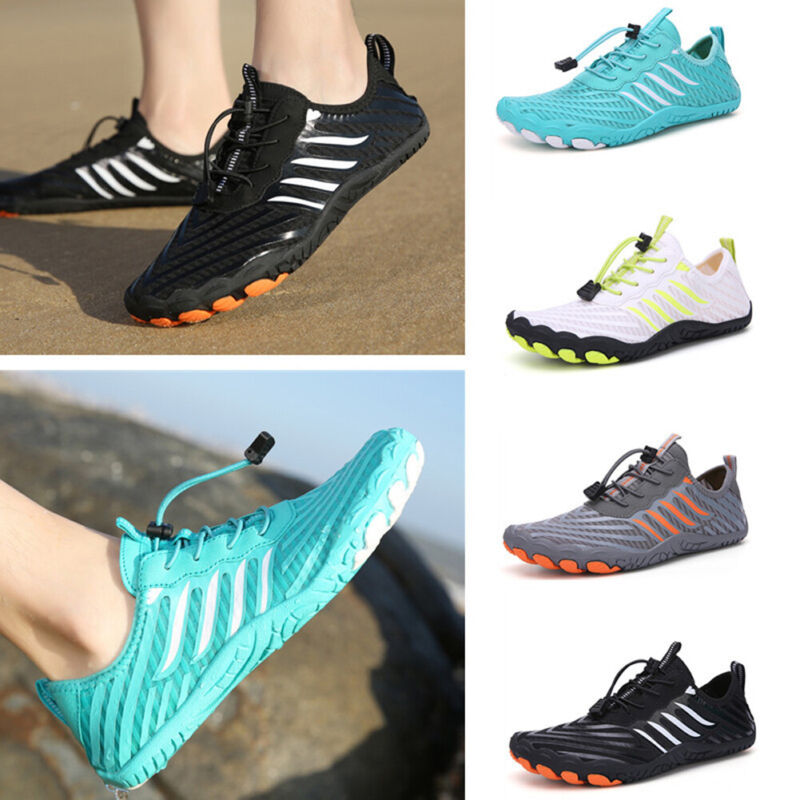 Fitlybuy non-slip barefoot shoes with FlexiGrip soles, shown in various colors, worn on sandy terrain for comfort.