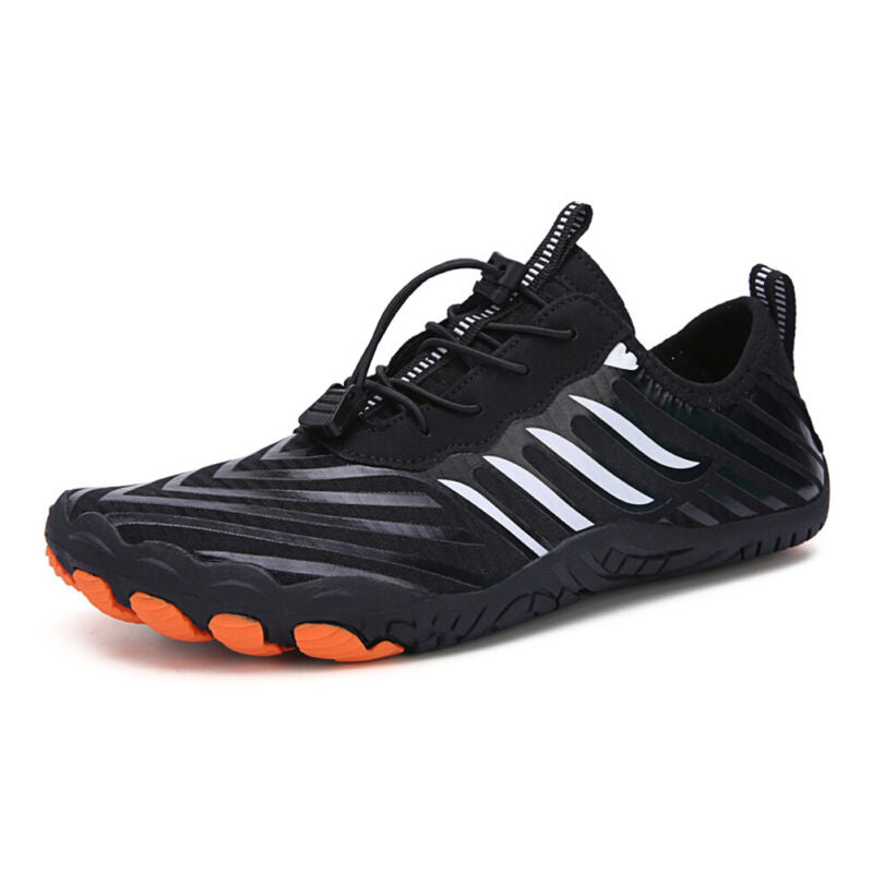 Fitlybuy black non-slip barefoot shoes with white accents, quick-lace system, and grippy orange rubber sole.