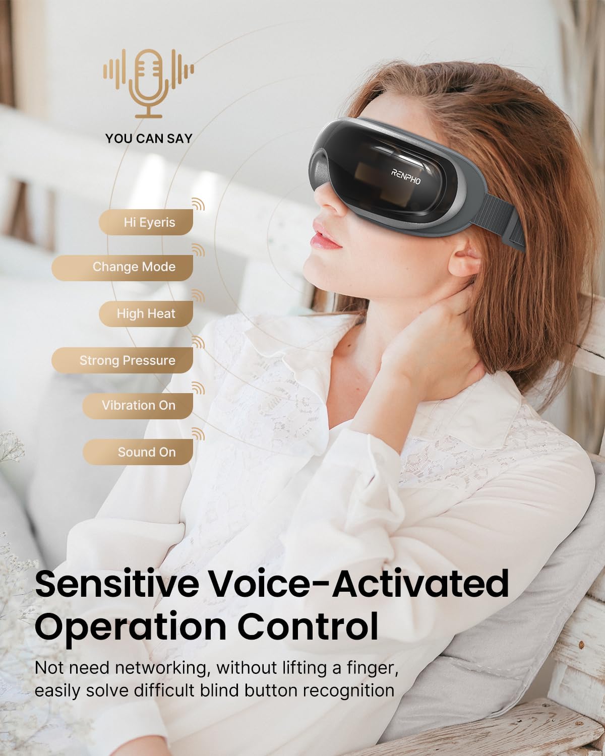 Woman wearing a dark gray Fitlybuy Eyeris 3 voice-activated eye massager with heat therapy in a bright home setting.