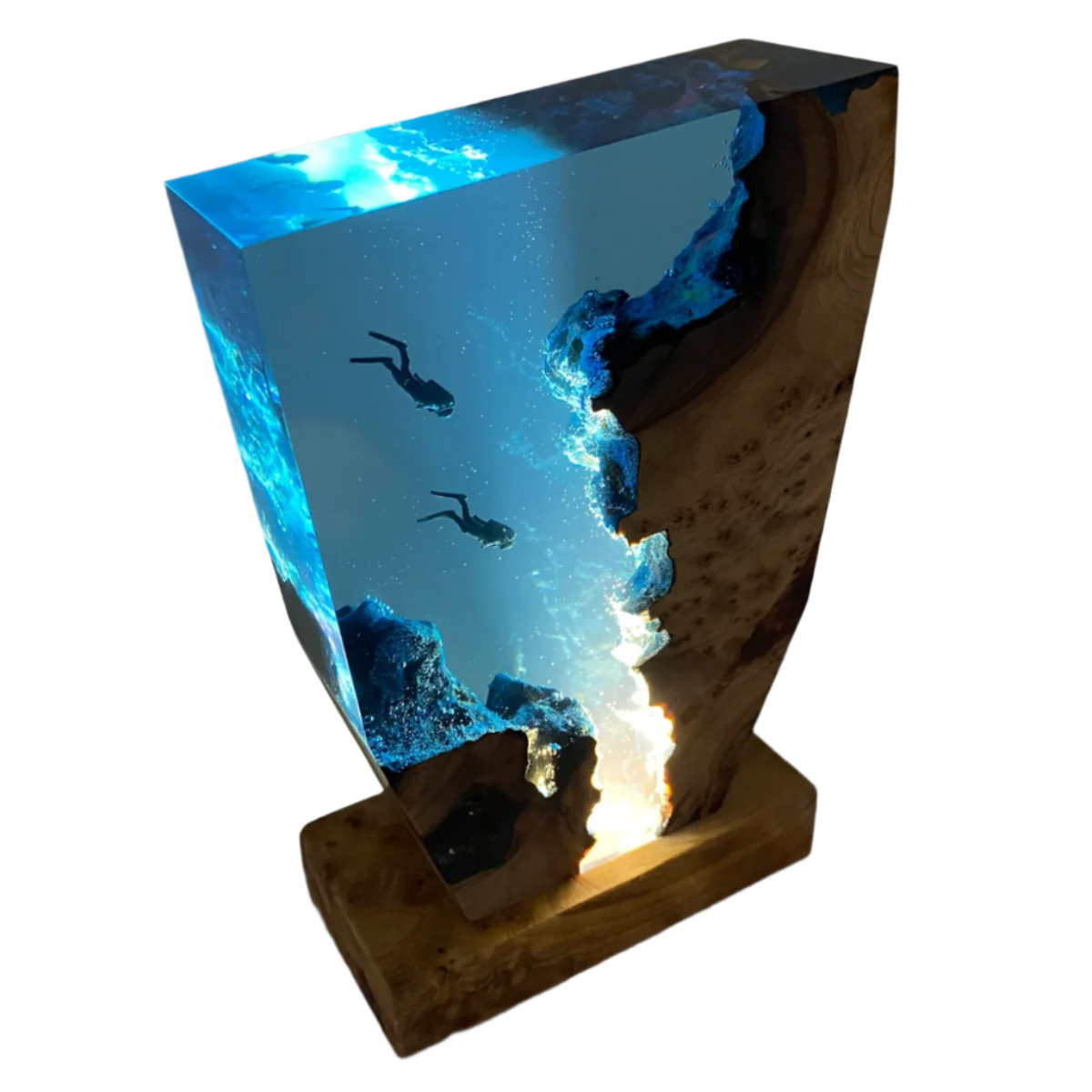 Handmade epoxy resin ocean lamp with wood base, featuring scuba divers in blue glowing water, soft night light effect.