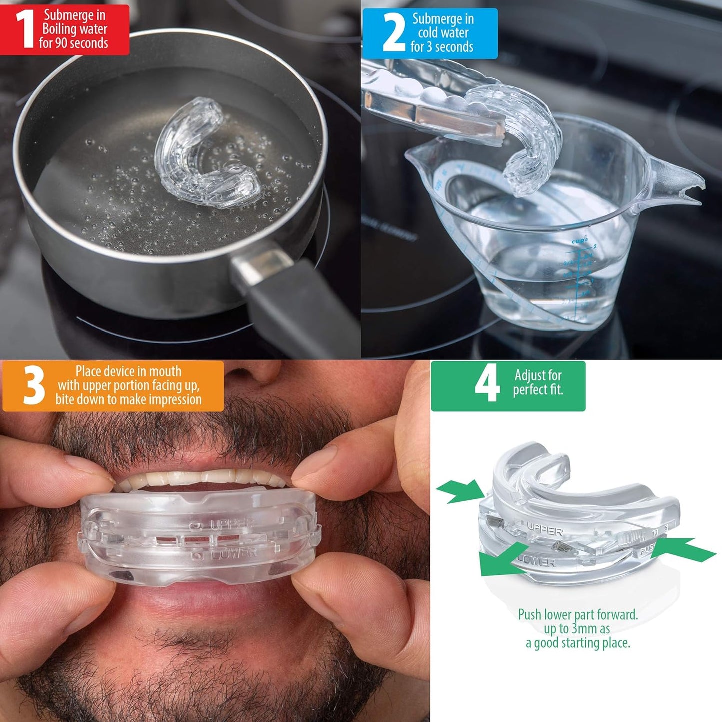 Fitlybuy transparent anti-snoring mouth guard: 4-step custom molding process with boiling, cooling, and jaw adjustment.