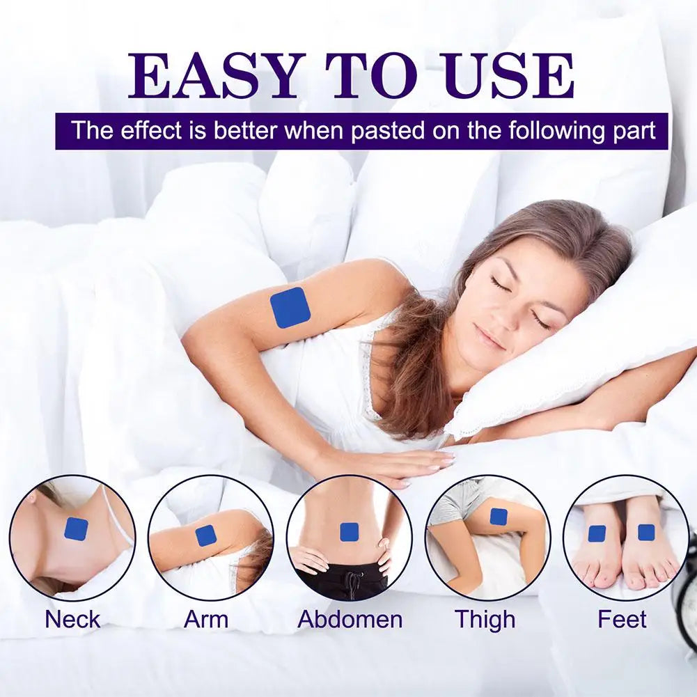 Fitlybuy Dream Easy blue sleep patches shown on a woman’s arm and various body parts for optimal herbal sleep aid.