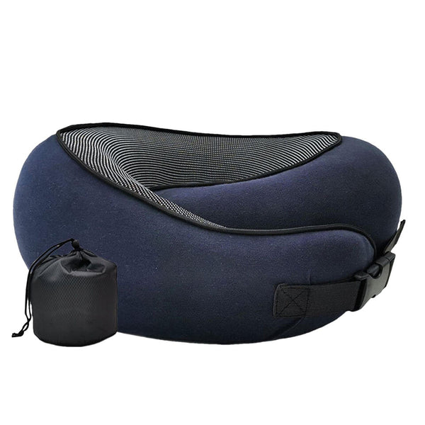 Fitlybuy navy blue ergonomic butterfly travel neck pillow with mesh top and buckled strap next to a travel storage bag.