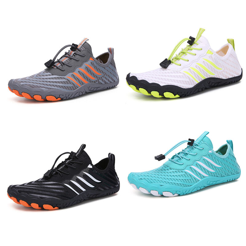 Fitlybuy non-slip barefoot shoes in gray, white, black, and teal, featuring breathable mesh and FlexiGrip outsoles.
