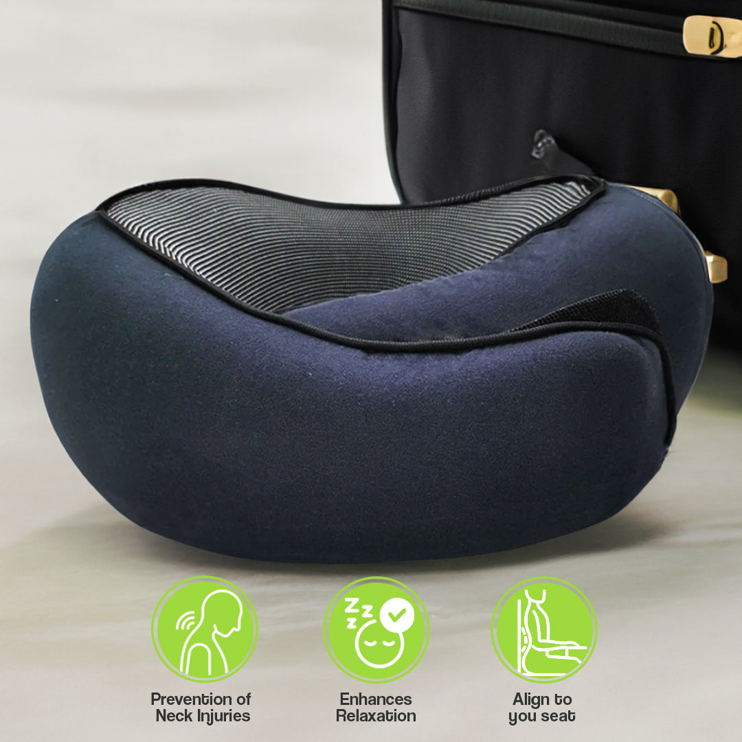 Blue Fitlybuy butterfly travel neck pillow with ergonomic mesh center, displayed next to luggage with benefit icons.
