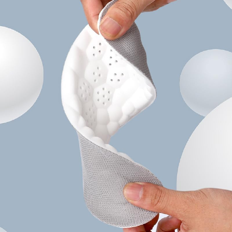 Hands hold a grey and white Fitlybuy AirCloud insole with a flexible, perforated honeycomb cushioning base.