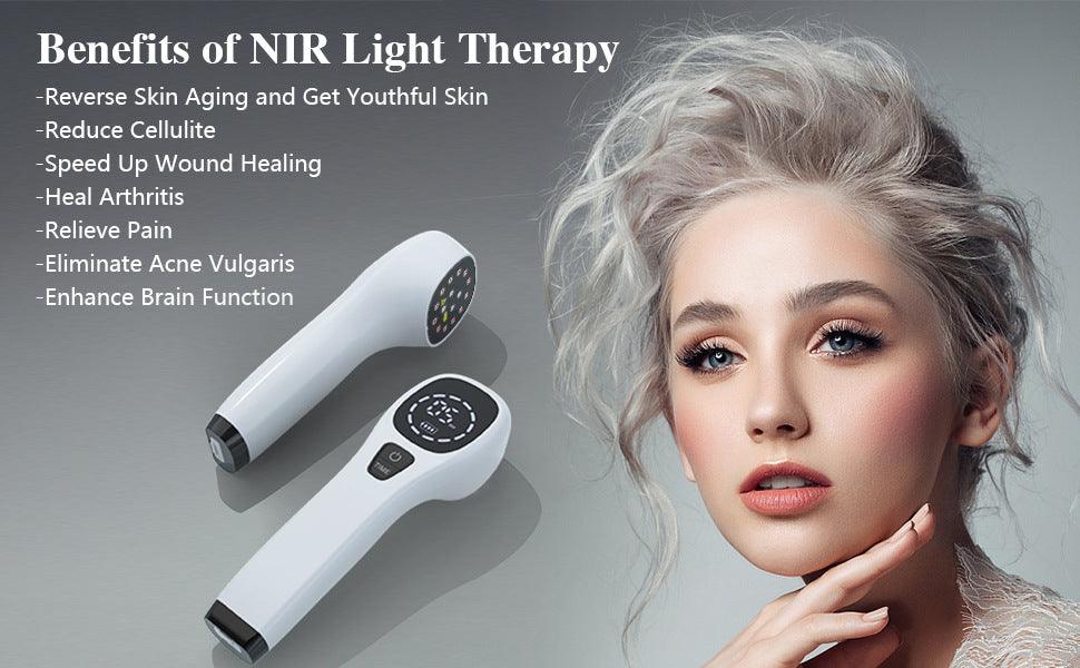 White Fitlybuy cold laser therapy device with digital display and NIR light head, shown next to a woman.