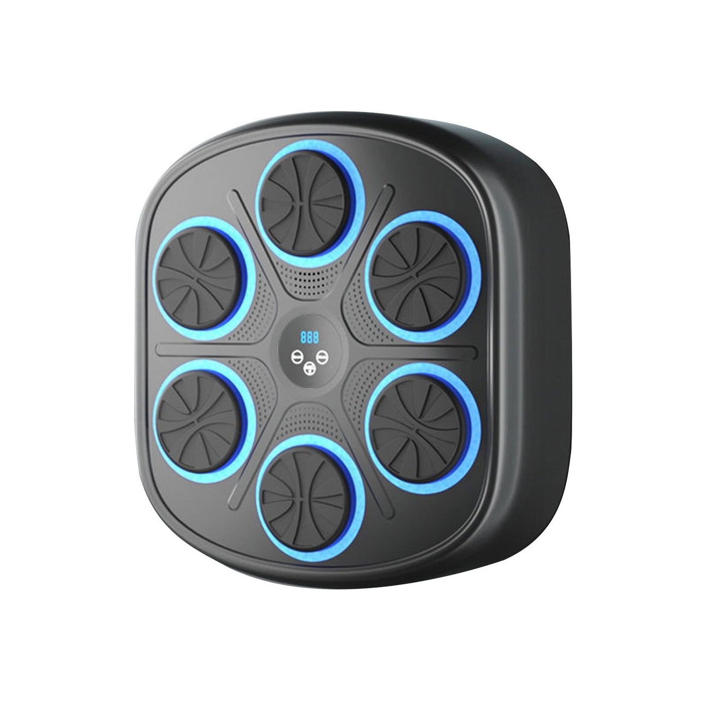 Black Fitlybuy wall-mounted punch trainer with six circular pads featuring blue LED rings and a digital display.