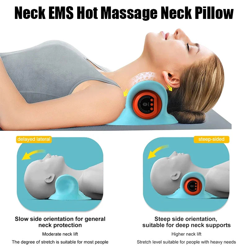 Fitlybuy blue electric neck relief stretcher with orange EMS massage node, shown supporting a person’s neck.