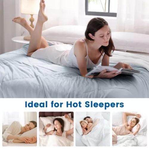 Woman reading on a light blue Fitlybuy Aussie Cool Ice cooling blanket. Grid below shows people sleeping comfortably.