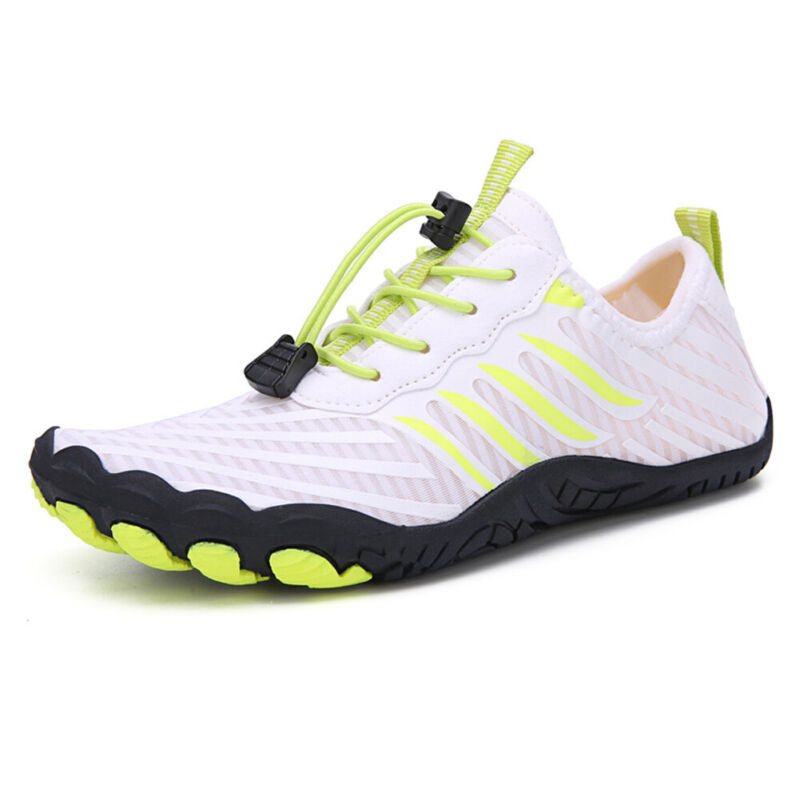 Fitlybuy white and neon green barefoot shoe with black non-slip sole and quick-lace system on a white background.